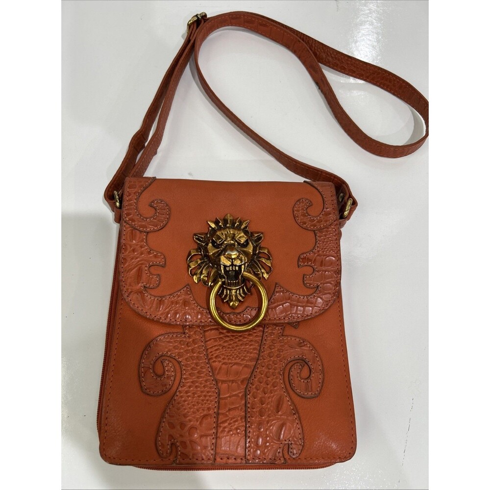 Sharif Burnt Orange Leather Crossbody Bag with Gold Lion Ring